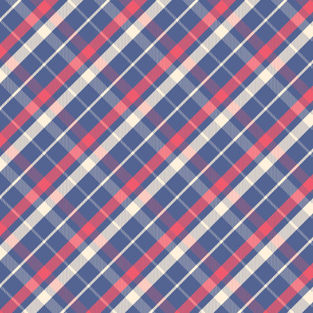 A diagonal plaid or tartan pattern, with intersecting lines forming blue, red, and beige diamond shapes. The design features a crisscross arrangement and maintains a traditional plaid aesthetic.のイラスト素材