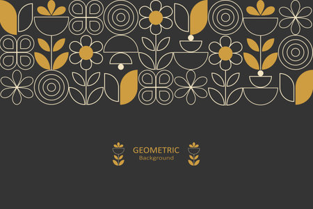 Geometric floral background with yellow and beige line art flowers, leaves, and abstract shapes on dark grey with copy space, perfect for retro or minimalist design themesのイラスト素材