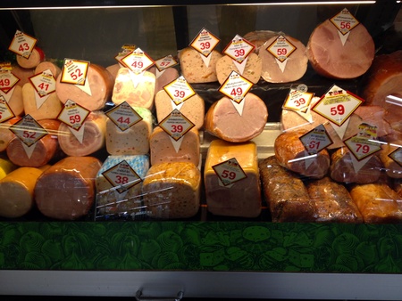  pork ham in display; supermarket; の写真素材