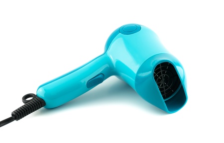 Blue hair dryer isolated on whiteの写真素材