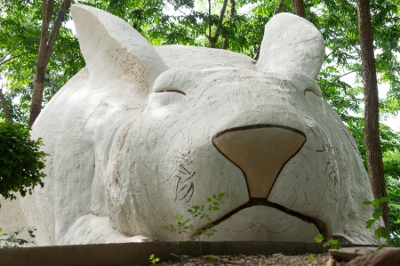 Cute white big rabbit statue in gardenの写真素材