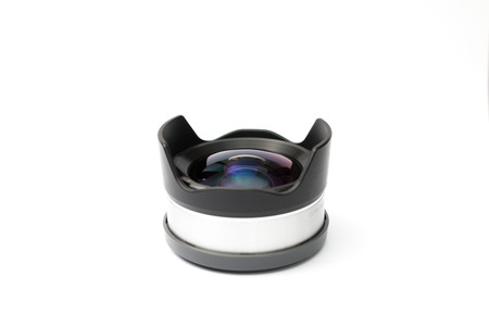 Wide angle len with hood in whitebackgroundの写真素材