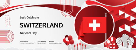 Happy Swiss National Day. Illustration of a wide banner with a holiday concept. Abstract art for Switzerland National Day celebrated on August 1st every yearのイラスト素材