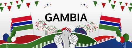 Gambia Independence Day greeting wide banner. Happy Gambia National Day. Holidays illustration concept. Great for event like carnival, feast poster, culture and tourismのイラスト素材