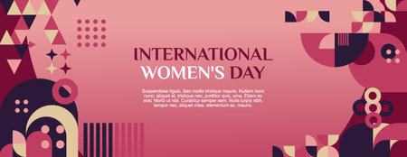 International Women's Day banner. Modern geometric abstract background in colorful style for women day. Happy women's day greeting card cover with text. Happy world women's day for awareness.のイラスト素材
