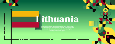 Lithuania Statehood Day banner in colorful modern geometric style. Happy national or independence day Lithuania creative greeting card with typography. Abstract background for national holidayのイラスト素材