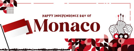 Monaco Independence Day banner in colorful modern geometric style. Happy independence and national day greeting card cover with typography. Templates for national holiday celebrationのイラスト素材