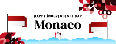 Monaco Independence Day banner in colorful modern geometric style. Happy independence and national day greeting card cover with typography. Templates for national holiday celebrationのイラスト素材
