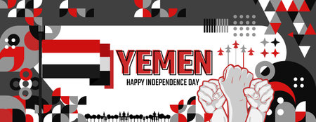 Yemen Independence day banner in colorful modern geometric style. National Independence Day greeting card cover with typography. Vector illustration for independence party.のイラスト素材
