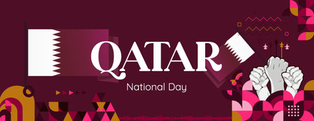 Qatar National Day banner in colorful modern geometric style. Qatar national independence day greeting card cover with text. Background illustration for national holiday celebration of Qatarのイラスト素材