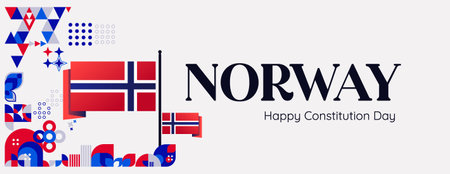 Norwegian constitution day festive poster banner. Creative geometric for background holiday celebration, greeting card, billboard, and event on May. Happy Norway national Dayのイラスト素材