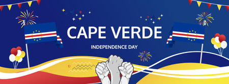 Happy independence day Cape Verde. Horizontal poster of Cape Verde national day with flag. July 5. Festive design concept for holiday celebration banner, greeting card, feast and congratulationsのイラスト素材