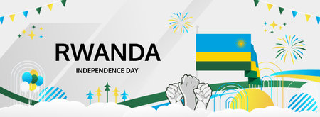 Rwanda Independence Day modern greeting banner. 1 July Happy National Day. Holidays abstract concept in flag colors. Great for event like carnival, feast poster, support, culture and tourismのイラスト素材