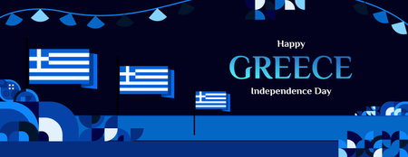 Greece Independence Day banner in modern geometric style. Wide banner for website, social and more with typography. Illustration for national holiday celebration party. Happy Greek Independence Dayのイラスト素材