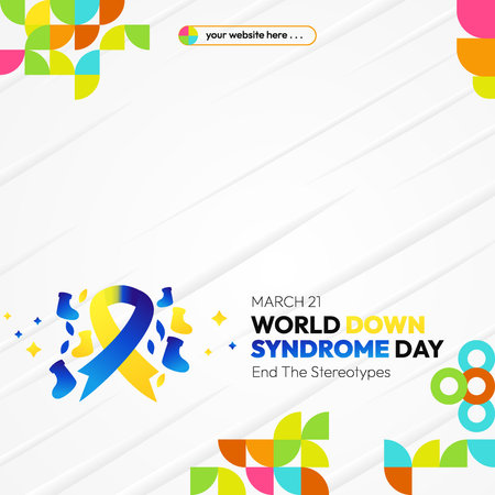 World Down Syndrome Day on March 21 is commemorated with a unique geometric design, symbolizing extra chromosomes and promoting equality for all. Vector design.のイラスト素材