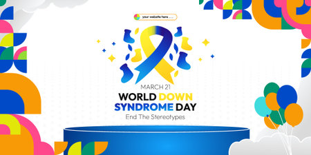 On March 21, World Down Syndrome Day highlights creative geometric designs promoting the beauty of extra chromosomes and encouraging inclusivity. Vector art.のイラスト素材