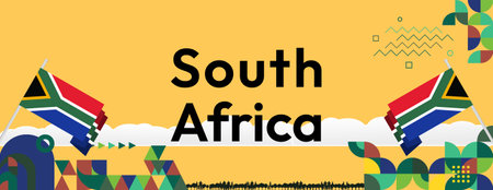 South Africa Day banner with colorful geometric patterns. Suitable for posters, invitations, and national events. Includes flag elements for a patriotic touch.のイラスト素材