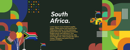 Modern South Africa Day banner with abstract geometric art. Perfect for national events, greeting cards, and posters. Features vibrant colors and flag motifs.のイラスト素材