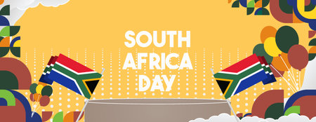 Vibrant South Africa Independence Day banner with modern geometric art. Ideal for national events, invitations, and posters.のイラスト素材