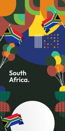 South Africa National Independence Day banner with modern geometric designs. Ideal for social media, invitations, and posters. Includes vibrant colors.のイラスト素材