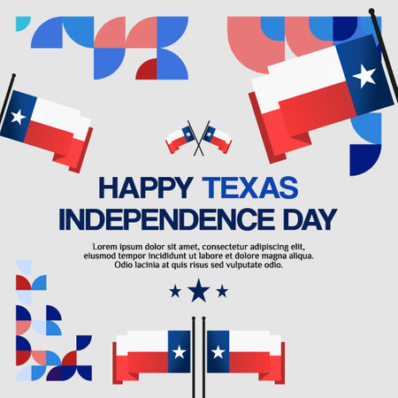 Colorful Texas Independence Day banner featuring bold typography and geometric shapes. Ideal for holiday celebrations, invitations, and social media.のイラスト素材
