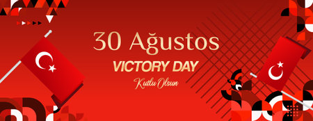August 30th marks a proud day in Turkey history, Victory Day. Utilize this geometric template in national colors for banners or greeting cards to celebrate this significant occasion.のイラスト素材