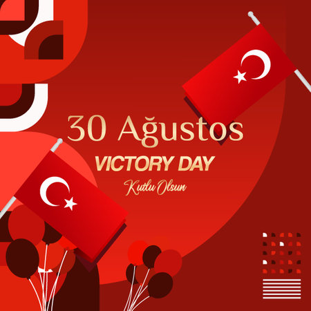 On August 30th, recognize the Republic of Turkey Victory Day with a bold geometric template in the national colors. Perfect for festive banners and greeting cards to celebrate this day.のイラスト素材