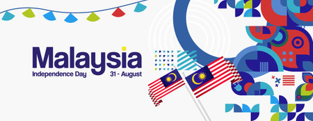 Joyful Malaysia Independence Day banner with geometric ornaments. Great illustration template for National Day greeting cards, and festivals. Business holiday conceptのイラスト素材