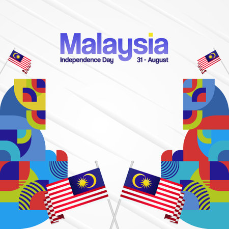 Geometric Malaysia Independence Day banner for National Day celebrations. Ideal poster for holiday greetings, travel promotions, and sales. Happy Malaysia Dayのイラスト素材