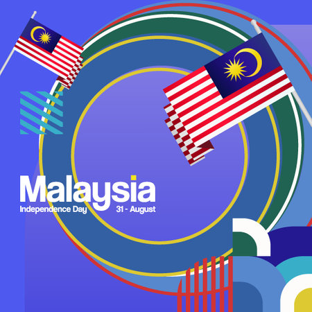 Celebrate Malaysia Independence Day. Geometric banner with bold and iconic flag colors. Happy Malaysia National Day. Show your support or protest. Holiday themed illustration poster bannerのイラスト素材