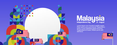 Festive Malaysia Independence Day banner in geometric style. Modern National Day template for events, parades, and holiday celebrations. Happy Malaysia Day design backgroundのイラスト素材
