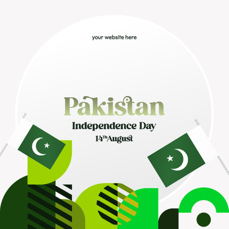 Pakistan Independence day background in vibrant geometric style. Festive National Day poster for greeting cards, sales, and holiday events. Vibrant Pakistan Day themeのイラスト素材