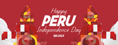 Festive Peru Independence Day banner in geometric style. Modern National Day template for events, parades, and holiday celebrations. Happy Peru Day design backgroundのイラスト素材