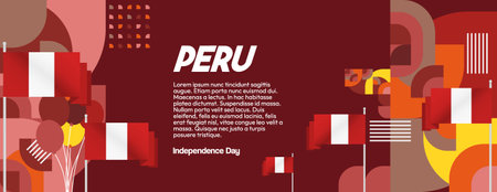 Modern geometric Peru Independence Day banner in flag colors. Perfect National Day design for greeting cards, posters, and social media. Happy Peru holiday celebration templatesのイラスト素材