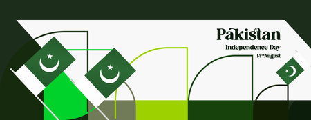Pakistan Independence Day celebration banner. Creative holiday celebration geometric design in flag color theme. Trending background for national day, party event, and holiday salesのイラスト素材