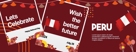 Peru Independence Day party banner with geometric ornaments and flag design. Perfect for National Day for greeting card, event, festival and business poster design. Happy Peru Dayのイラスト素材