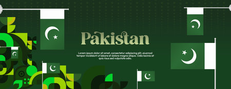Attractive Pakistan Independence Day banner with colorful geometric design. Suitable for greeting card covers, posters, festivals, statehood parties, holidays and more. Holiday conceptのイラスト素材