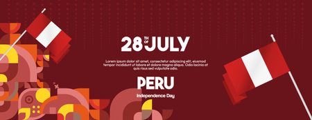Creative Peru Independence Day banner with geometric art. Festive Peru National Day poster design for celebrations, greeting cards, and holiday events. Vibrant holiday conceptのイラスト素材
