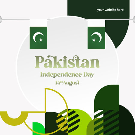 Pakistan Independence day background in vibrant geometric style. Festive National Day poster for greeting cards, sales, and holiday events. Vibrant Pakistan Day themeのイラスト素材