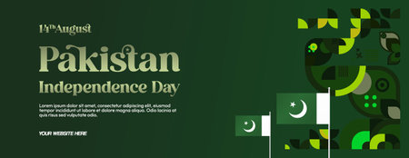 Colorful Pakistan Independence Day banner with joyful design. Great holiday poster for presentations, business, sales and greeting cards. Happy Pakistan day. Holiday conceptのイラスト素材
