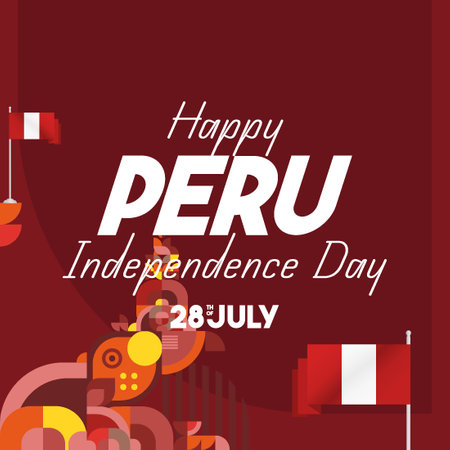 Celebrate Peru Independence Day. Geometric banner with bold and iconic flag colors. Happy Peru National Day. Show your support or protest. Holiday themed illustration poster bannerのイラスト素材