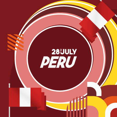 Celebrate Peru Independence Day. Geometric banner with bold and iconic flag colors. Happy Peru National Day. Show your support or protest. Holiday themed illustration poster bannerのイラスト素材