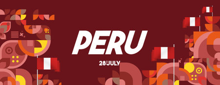 Creative Peru Independence Day banner with geometric art. Festive Peru National Day poster design for celebrations, greeting cards, and holiday events. Vibrant holiday conceptのイラスト素材