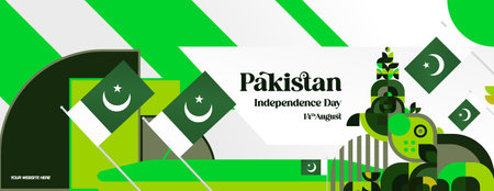 Latest Pakistan Independence Day banners. Abstract geometric template for special day celebration, greeting card, header, sale, national event of Pakistan. Holiday theme vector illustrationのイラスト素材