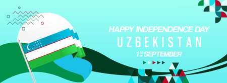 Uzbekistan Independence Day celebration banner. Creative holiday celebration geometric design in flag color theme. Trending background for national day, party event, and holiday salesのイラスト素材