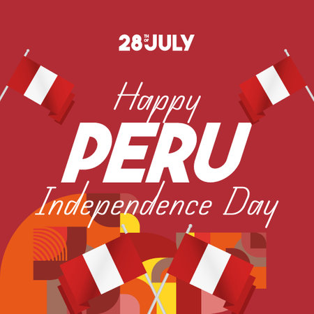 Happy Peru Independence Day. Geometric poster of Peru national day in flag colors. Holiday banner illustration for Peru celebration party invitation, greeting card and saleのイラスト素材