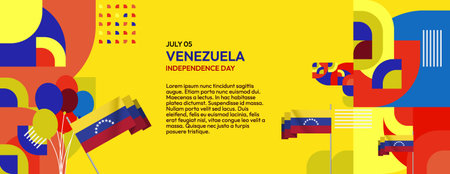 Colorful Venezuela Independence Day banner with joyful design. Great holiday poster for presentations, business, sales and greeting cards. Happy Venezuela day. Holiday conceptのイラスト素材