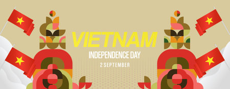Joyful Vietnam Independence Day banner with geometric ornaments. Great illustration template for National Day greeting cards, and festivals. Business holiday conceptのイラスト素材