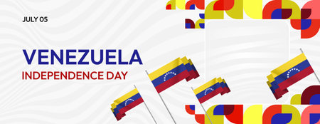 Attractive Venezuela Independence Day banner with colorful geometric design. Suitable for greeting card covers, posters, festivals, statehood parties, holidays and more. Holiday conceptのイラスト素材