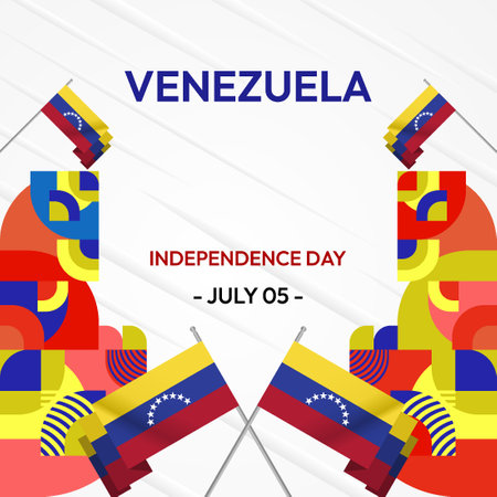Trendy Venezuela Independence Day banner with geometric design. National day poster for greeting cards, events, social media, and travel promotions. Stylish Venezuela holiday backgroundのイラスト素材
